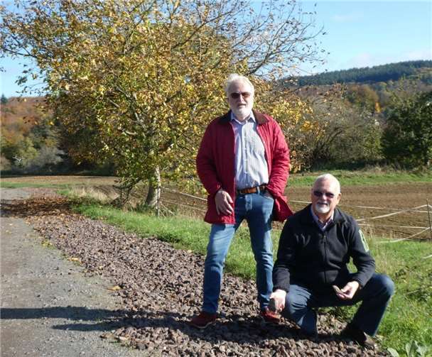 Ortsvorsteher Rolf Löhmar (kniend) und sein Stellvertreter Lothar Hess freuen sich über neue Versickerungsflächen, die Überschwemmungen in Oberbieber verhindern helfen sollen.Foto: HVO