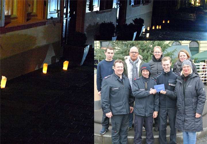 2000 Lichter und ein Hohlstrahlrohr für die Feuerwehr Paul und Manuela Würzberger, Gundula Krebs und Anja Bogott übergaben symbolisch die Spende aus dem Erlös des Lichtermeeres 2015 an Vertreter der Ehrenbreitsteiner Feuerwehr. privat