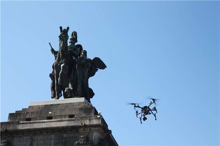Per Drohne wurden das Denkmal am Deutschen Eck und die sich darauf befindlichen Schäden hochauflösend fotografiert und vermessen.  Foto: Stadt Koblenz/Zentrales Gebäudemanagement