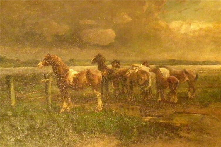 Pferde in den Rheinauen bei aufziehendem Gewitter, Öl auf Leinen, signiert von Johanna von Astudin, 1911