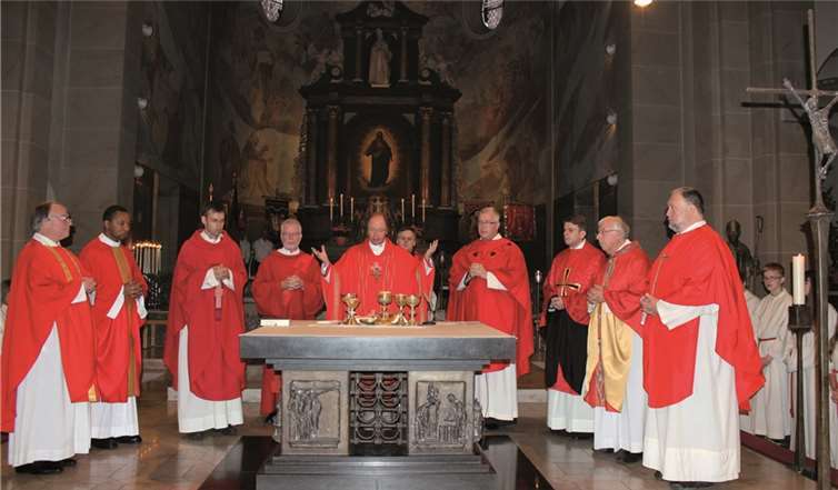 Pfr. Thomas Gerber, Pater Peter Chukwuma, Dechant Thomas Hüsch, Diakon Josef Grandjean, Bischof Dr. Stephan Ackermann, Pater Christoph Kehr, Pater Ignatius Nadol, Pfr. i.R. Johannes Rochwalsky, Pfr. Michael Frevel (v.l.).privat