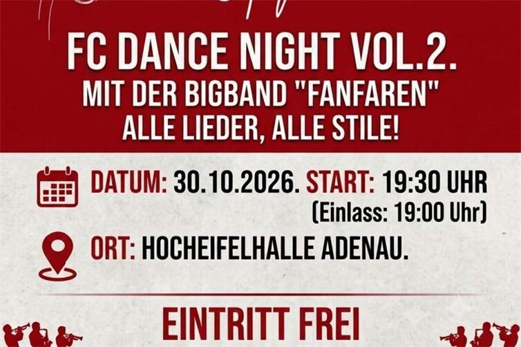 Plakat zur FC Dance night Vol.2 am 30.10.2026 in der Hocheifelhalle in Adenau 