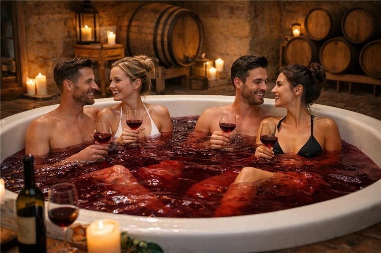 Planschen im Spätburgunder: Die ersten Text-Bader waren begeistert. Foto: privat