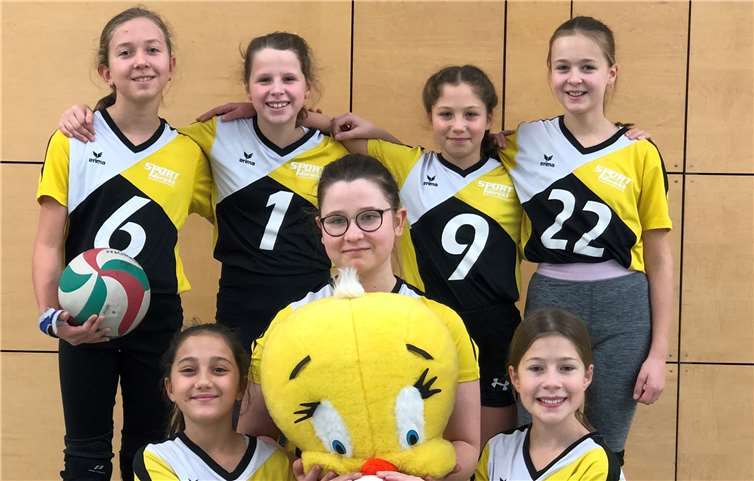 Platz 3 belegt die weibliche Jugend U14 der Westerwald Volleys aktuell. Hintere Reihe v.l.n.r.: Leonie B., Lena B., Dilay B., Annina P.. Vorne v.l.n.r.: Zümra I., Greta P., Jule W.Foto: privat