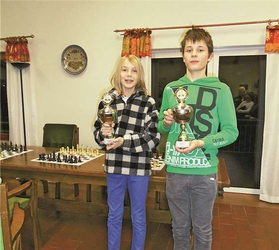 Pokalüberreichung in Grafschaft (v.l.): Jugend-Bezirks-Blitz-Einzel-Meister Felix Rösch, U12, und André Thullen, U14.privat