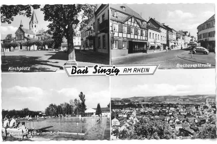 Postkarte aus dem Jahr 1962 mit Ansichten des damaligen „Bad Sinzig am Rhein“: Zu sehen sind der Kirchplatz mit St. Peter, die Bachovenstraße, das Mineral-Schwimmbad sowie ein Panorama der Stadt.