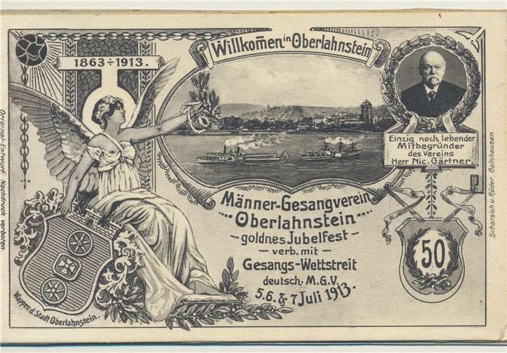 Nach 158 Jahren: MGV Oberlahnstein löst sich auf Postkarte zum 50-jährigen Vereinsjubiläum 1913. Fotos: Sammlung Stadtarchiv Lahnstein