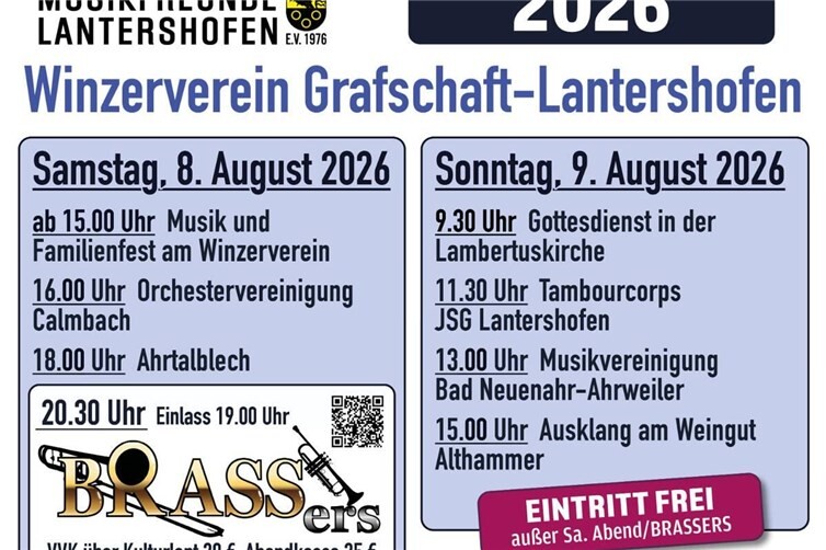 Programm für das Jubiläumswochenende vom 08. - 09.08. 2026, LA Blas&Brass Festival