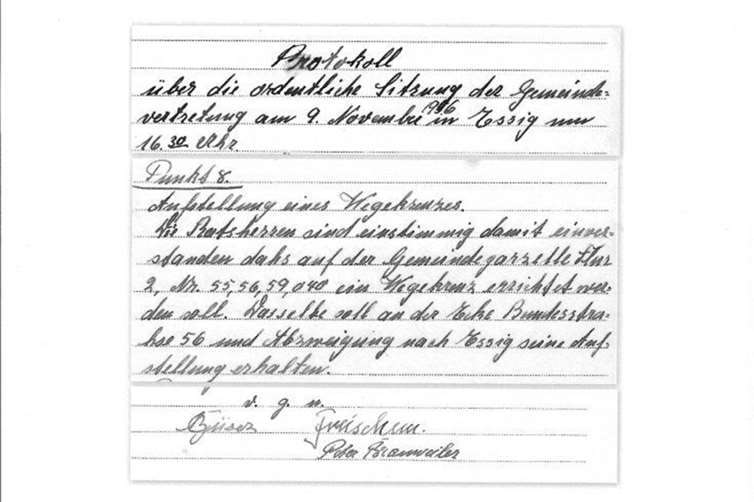 Quelle: GA Swi Beschluss der Gemeindevertretung Essig über die Aufstellung des Kreuzes, (Auszug) 2023-02-28-105759.