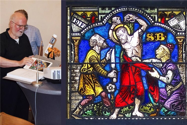 Referent Günter Haffke (links); rechts: Ausschnitt Bartholomäus-Fenster (Kirche Namedy)