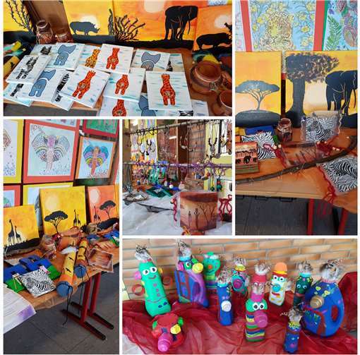 Regenröhren, Afrikabilder, Schmuckstücke und Näharbeiten der 3. Klassen.Privat