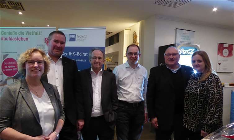 Regina Eckert, Christian Dübner, Konrad Kreuzberg, Jörn Kampmann, Bernd Kiesheyer und Annika Kailing (v.l.n.r.) informierten die Vertreter der heimischen Wirtschaft über den Stand der Planungen, die weiteren Schritte zur Vorbereitung der Landesgartenschau 2020 und die Erfahrungen mit der Bundesgartenschau in Koblenz.Foto: Rudat