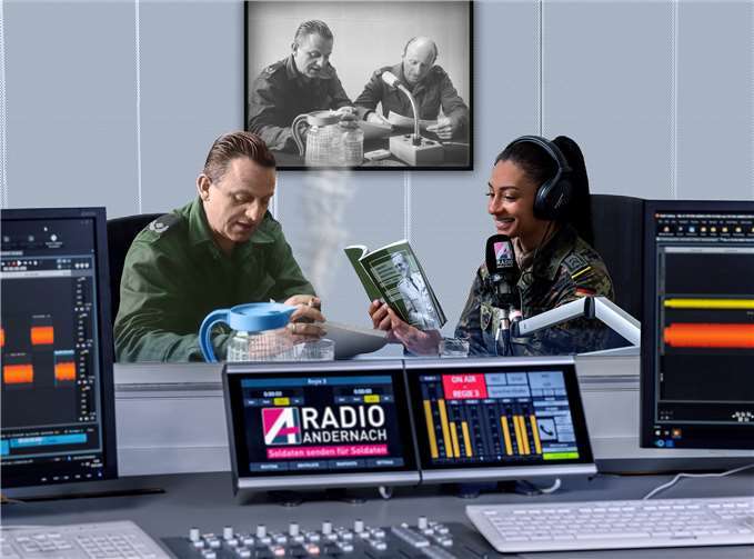 Reinhard Hauschild (links), Gründervater des Truppenbetreuungssendersder Bundeswehr „Radio Andernach“ ist auch an seinem 100. Geburtstag noch präsent in Mayen. Fotomontage: Maximilian Maiwald