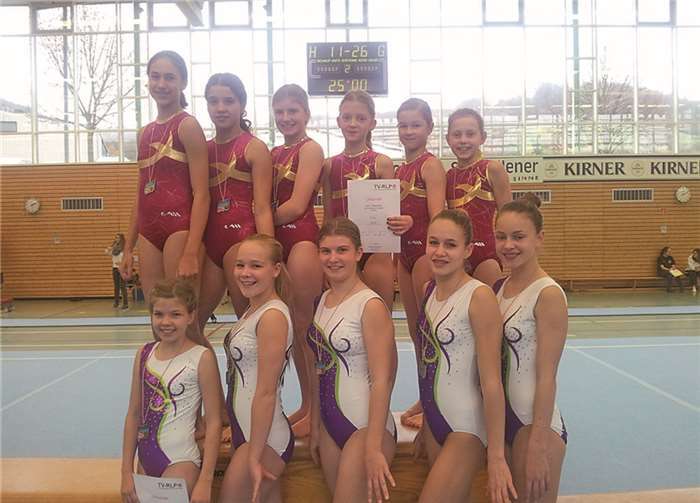 Rheinland-Pfalz-Meister der jahrgangsoffenen Pflicht- und Kür-Mannschaft (hinten, v. l): Lisa Kraus, Julia Collin, Natalia Kalitschev, Jelena Auch, Jenny Mürtz, Marie Heyer und Vlada Sawikow; (vorne v. l): Natalie Altenkamp, Nicole Schmeckebier, Eva Kerb, Sabrina Manthei und Andrea Schmeckebier.Privat