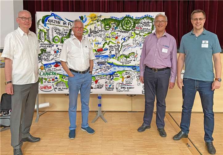 Rhenser Stadtbürgermeister Raimund Bogler, Werner Müller und Michael Born vom Breyer Initiativkreis Kultur im Dorf sowie Damian Morcinek, der bei der Kreisverwaltung Mayen-Koblenz für Presse und Kultur zuständig ist. Foto:Der Kreisverwaltung Mayen-Koblenz