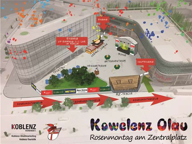 Rosenmontag auf dem Zentralplatz, zum ersten Mal mit einer extra Tribüne mit 350 Sitzplätzen.