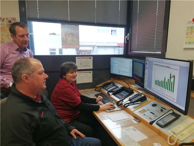 Rosi Gimmnich, ehrenamtliche Leiterin der Feuerwehreinsatzzentrale Maifeld, legte Wehrleiter Martin Wolff und Bürgermeister Maximilian Mumm die Einsatzstatistik 2021 vor.  Foto:privat