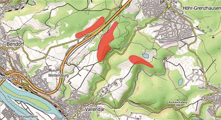 Fläche für Windenergie in Weitersburg  Rot gekennzeichnet: Lage der geplanten Flächen für die Windenergie in Weitersburg, Vallendar und Bendorf.(Kartendaten: OpenStreetMap und OpenTopoMap)