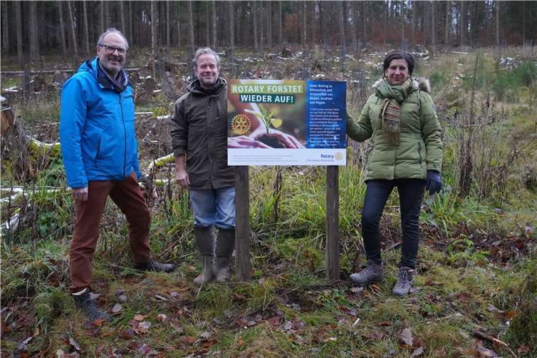 Rotarypräsidentin Claudia Rössling-Marenbach, Revierleiter Torsten Schwuchow und Stadtbürgermeister Arnold Hoffmann (v.r.n.l.) besuchten die Fläche, auf der der Rotary Club Adenau-Nürburgring im Jahr 2020 1050 Bäume pflanzte. Fotos: privat
