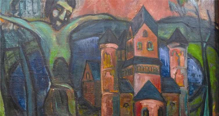 „Rote Westwerk mit grünem Christus“ – Bei diesem von Abt Benedikt bevorzugten Exponat handelt es sich um eine Mischtechnik aus dem Jahr 1975.