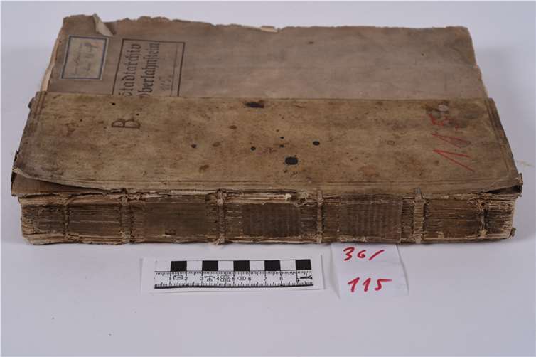 Rücken und vorderer Buchdeckel vor der Restaurierung.  Foto: Ricarda Holly