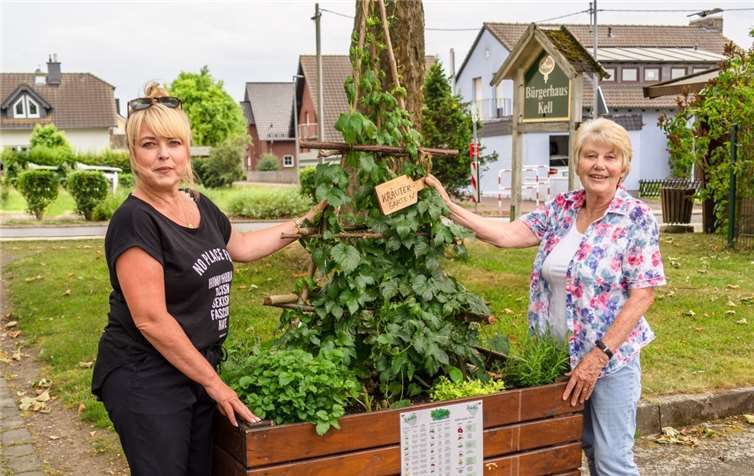 Sandra Lauermann und Agathe Mäurer am mit Zwerghopfen, Melisse und vielen weiteren Kräutern bepflanzten Hochbeet. Foto: privat