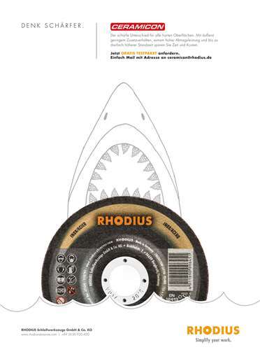 Scharf und widerstandsfähig wie die Zähne eines Haifisches sind die CERAMICON Trenn- und Schleifscheiben – den passenden Vergleich verbildlicht RHODIUS in diesem Anzeigenmotiv..Rhodius