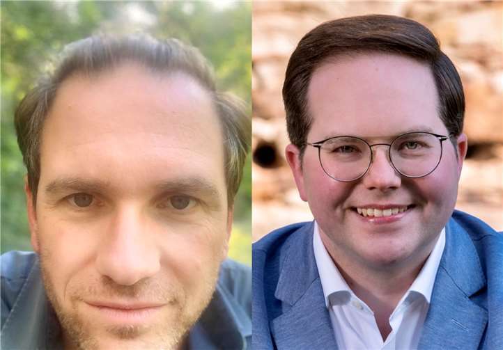 Schauspieler Boris Weber (l.) ist der erste Gast des neuen Live-Formates „Wein-Talk“ von CDU-Landtagskandidat Pascal Badziong (r.).