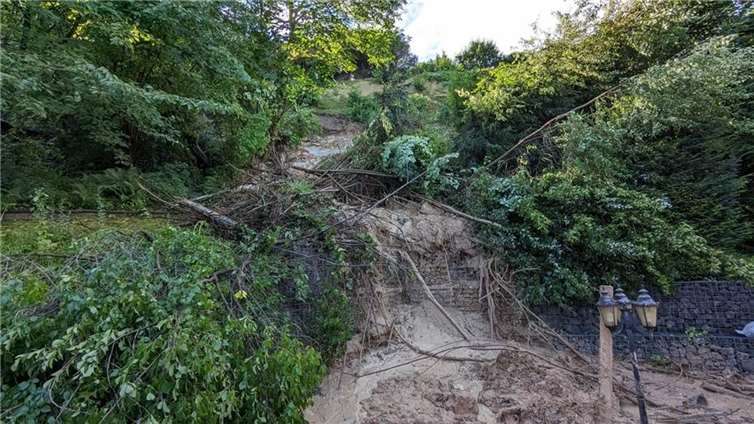 Schlamm und Äste rutschen einen Hang herunter. Foto vom 1. August. Copyright: SGD Nord