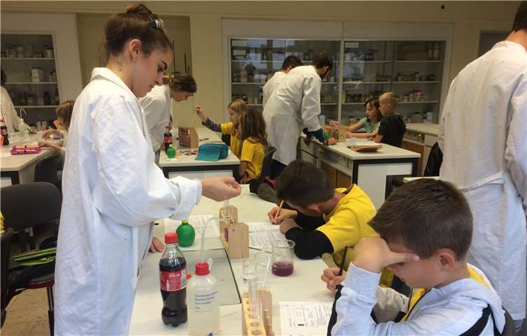 Schülerinnen und Schüler der Leistungskurse betreuten die Viertklässler und führten mit ihnen interessante Experimente durch.  privat