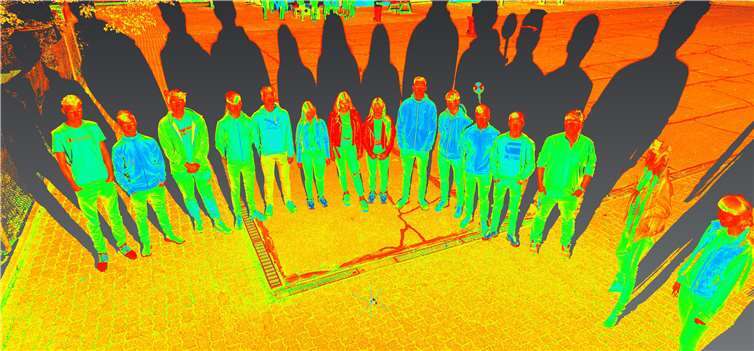Schülerinnen und Schüler des Gymnasiums auf dem Asterstein in 3D, aufgenommen per Laserscan mit Perspektive.Fotos: privat