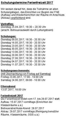 Schulungstermine Ferienfreizeit 2017. privat