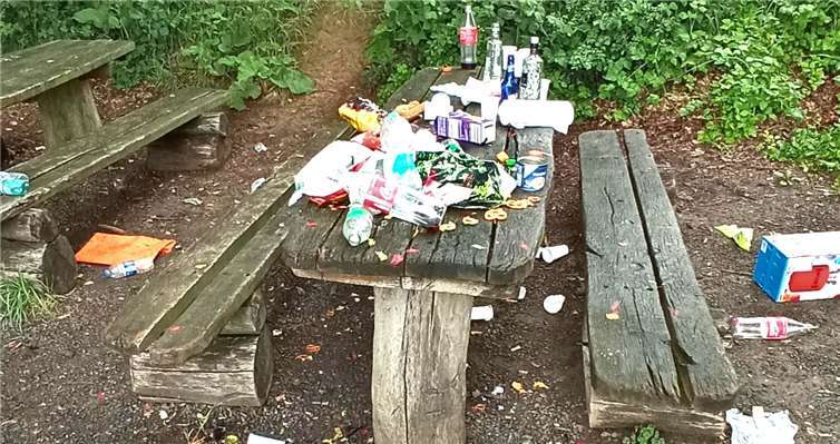Schutzhüttenbereich „Schau ins Land“ am Donnerstagmorgen, 1. Juli – ein trauriger Anblick, anders als die Namensgebung „Schau ins Land“ vermuten lässt. Quellen: Ortsgemeinde Weitersburg