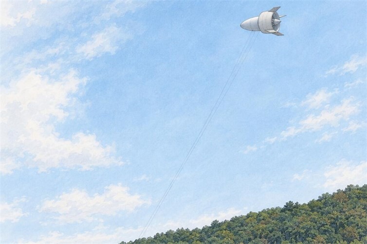 Schwebende Windkraftturbine über dem Hönninger Stadtwald. Die Darstellung ist eine konzeptionelle Visualisierung und keine maßstabsgetreue Simulation. 