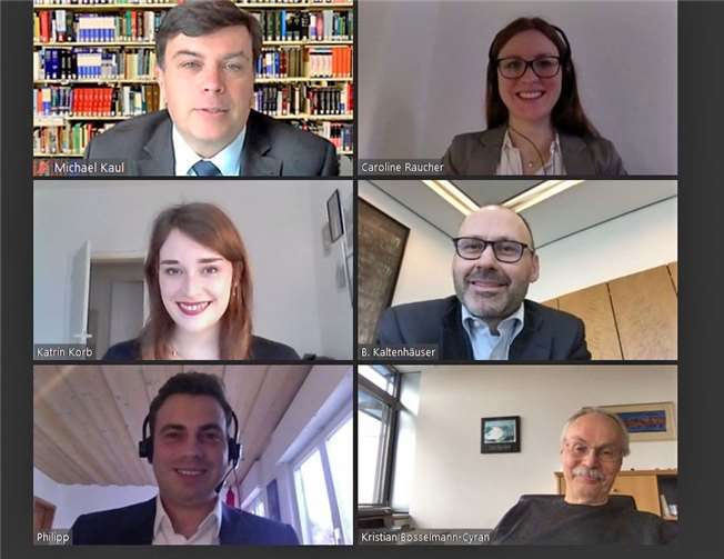 Screenshot der Preisverleihung von links oben nach rechts unten: Prof. Dr. Michael Kaul, Caroline Raucher, Katrin Korb, Bernd Kaltenhäuser, Philipp Michael Wolf und Prof. Dr. Kristian Bosselmann-Cyran. Foto: Hochschule Koblenz