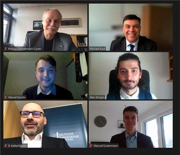 Screenshot der Preisverleihung von links oben nach rechts unten: Prof. Dr. Kristian Bosselmann-Cyran, Prof. Dr. Michael Kaul, Marcel Kerstin, Akin Zengin, Bernd Kaltenhäuser, und Manuel Eustermann.Foto: Hochschule Koblenz