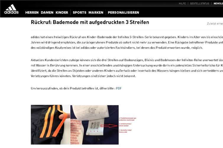 Screenshot des Produktrückrufes auf der Homepage von adidas.