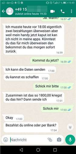 Screenshot von einem Betrug via WhatsApp.  Foto: Polizei