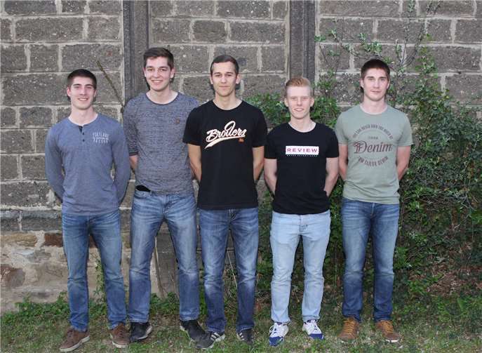 Sie bilden im kommenden Jahr das Offizierscorps des JGV Waldorf: (von links) Fähnrich David Faßbender, Fahnenoffiziere Sören Nachtsheim und Paul Selbach, Zugführer Noah Flöck und Hauptmann Paul Faßbender.