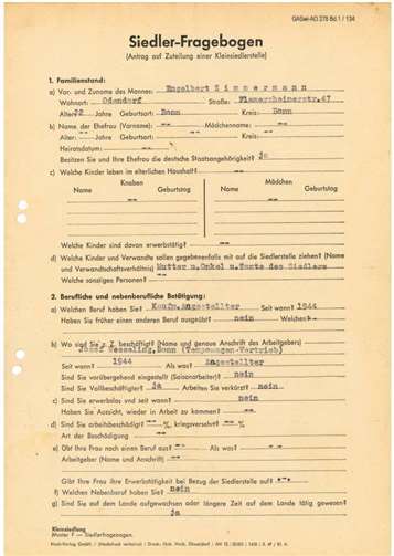 Siedler-Fragebogen Zimmermann, Engelbert. Fotos: Verein Zehnthaus e.V. 