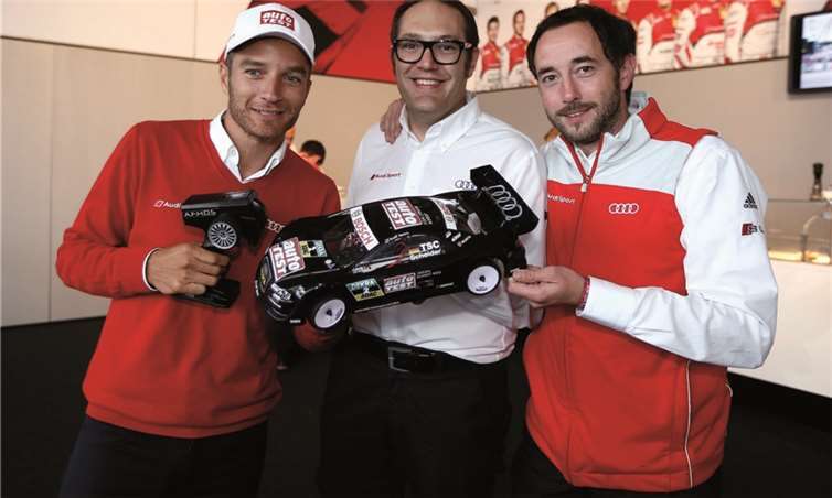 Sieger bei der „Audi RC Car Challenge“: Timo Scheider, Laurent Fedacou, Matthias Meister (l-r). AUDI