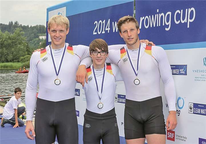 Siegerehrung in Luzern: Peter Kluge (Celle) -v.li.n.re.-, Jonas Wiesen (RG Treis-Karden) und Alexander Egler (Hannover). privat