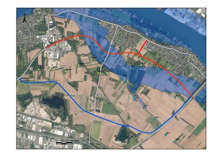 Skizze Trassenverläufe mit altem Rheinarm. Quelle: FWG Kaltenengers e.V.