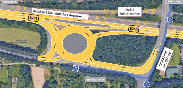 Skizze einer dreispurigen Lösung mit Kreisverkehr. Quelle: Arbeitskreis Fluthilfe Heimersheim 