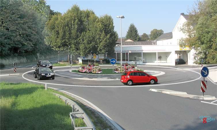 So ähnlich wird der neue Kreisel im Frühjahr 2019 an der Linde aussehen. Grafik: allgrafics