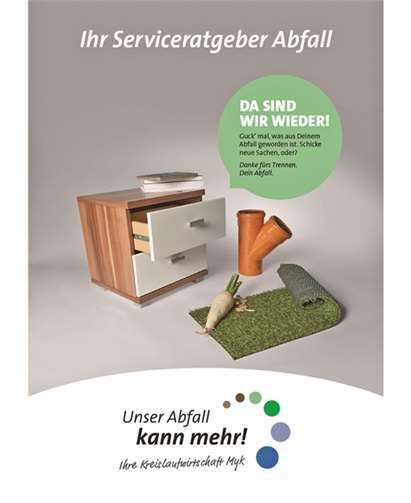 So sieht der Serviceratgeber aus: Auf rund 40 Seiten werden die Bürgerinnen und Bürger über die Neuerungen zum neuen Abfallsystem informiert. Auch das Thema der Wiederverwertung von Abfällen wird aufgegriffen indem gezeigt wird, was aus sauber getrenntem Abfall werden kann. Kreisverwaltung MYK