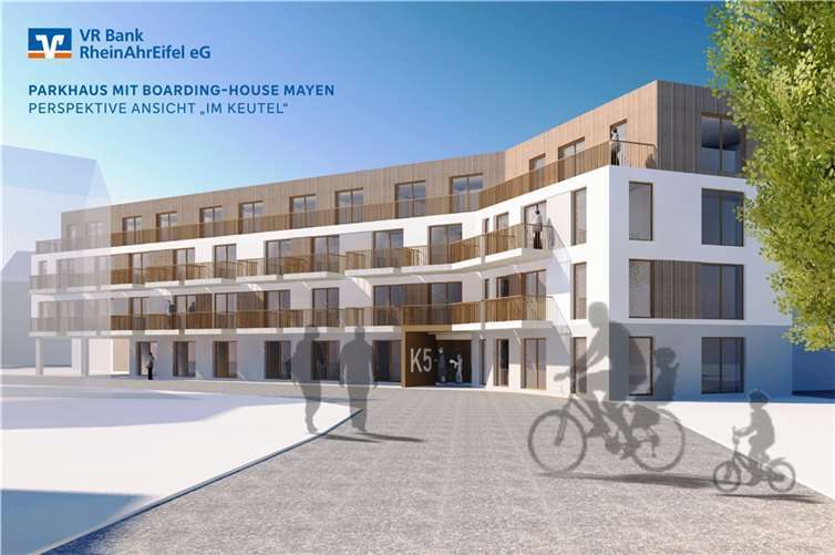 So soll das neue Parkhaus mit Boarding-House in Mayen aussehen.  Quelle: VR Bank RheinAhrEifel eG
