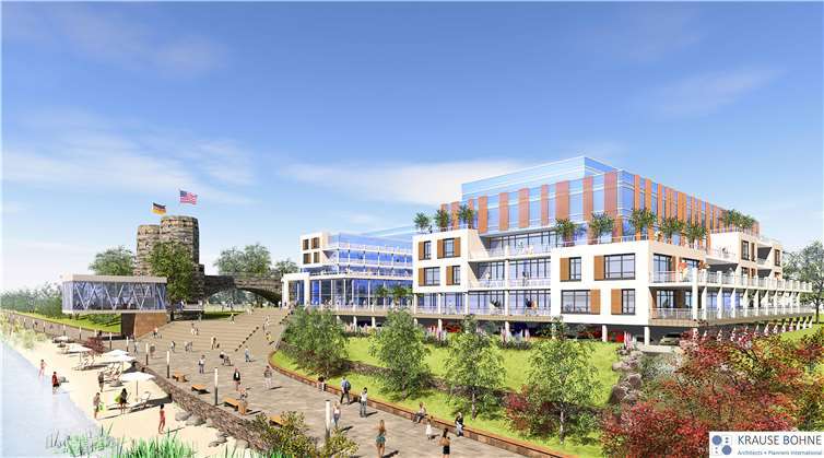 So soll der Hotelneubau „The Bridge“ nach seiner für 2022 geplanten Eröffnung aussehen. Quelle: Krause Bohne - Architekt + Planners International