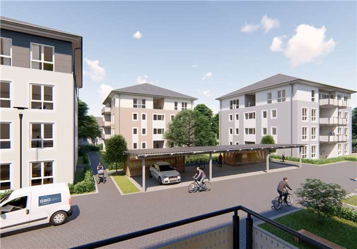 So sollen die modernen und barrierefreien Stadthäuser aussehen: Jede Wohnung verfügt über eine Terrasse oder einen Balkon. Das gesamte Quartier fügt sich städtebaulich nahtlos in die Nachbarbebauung ein. (Grafiken: GSG Neuwied)