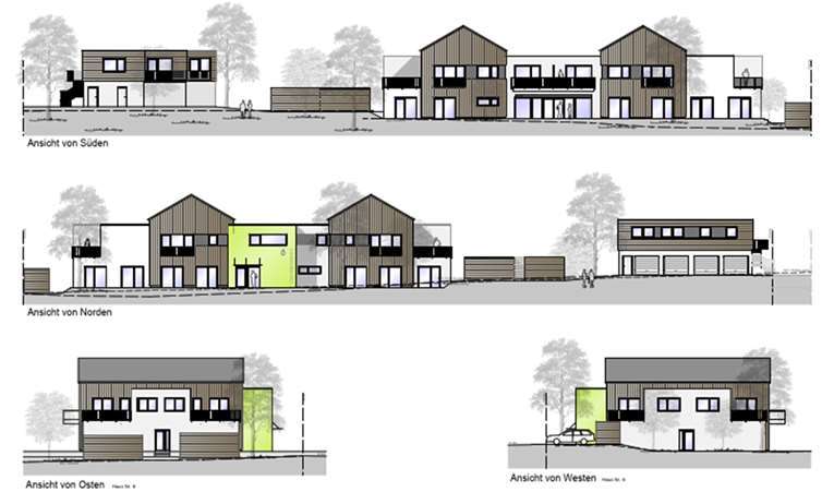 So sollen die neuen Gebäude aussehen. Oben von Süden, mittig von Norden und unten die Ansicht von Westen (li.) und Osten. Foto: chek AG